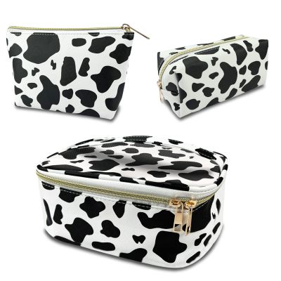 Deokke 3Pcs Makeup Bag,Travel Makeup Bag,Makeup Bags for Women,Makeup Brush Bag,Large Capacity PU Cosmetic Bag,Waterproof and Durable-Black Cow Pattern