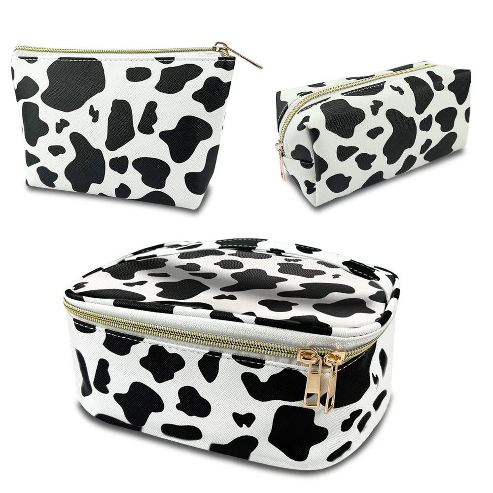 Deokke 3Pcs Makeup Bag,Travel Makeup Bag,Makeup Bags for Women,Makeup Brush Bag,Large Capacity PU Cosmetic Bag,Waterproof and Durable-Black Cow Pattern