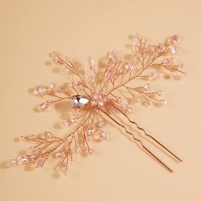 Teyglen Bridal Rhinestones Hair Pins Flower Crystals Wedding Hair Pins Set for Bride Hair Accessories Pink Black Purple Blue Rhinestones Hair Pieces for Women Girls(Rose gold)