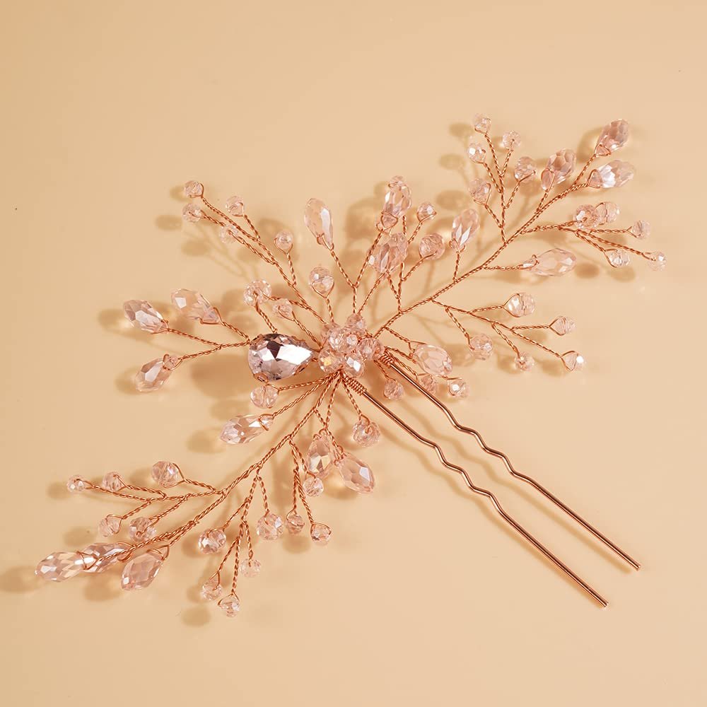 Teyglen Bridal Rhinestones Hair Pins Flower Crystals Wedding Hair Pins Set for Bride Hair Accessories Pink Black Purple Blue Rhinestones Hair Pieces for Women Girls(Rose gold)