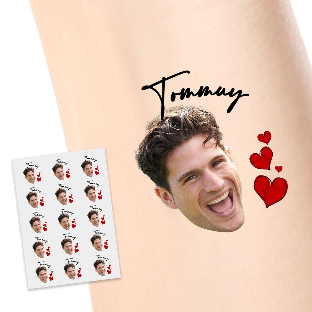 Personalized Temporary Tattoos, Custom Face Tattoos for Birthday Wedding Bachelorette Party, 1 Set of 15 Pieces Customized Tattoos Temporary with Red Hearts Name