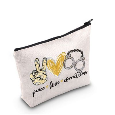 G2TUP Police Officer Gift Peace Love Corrections Makeup Bag Correctional Officer Cosmetic Bag New Police Officer Graduation Gift Zipper Travel Bag (Peace Love Corrections White Bag)