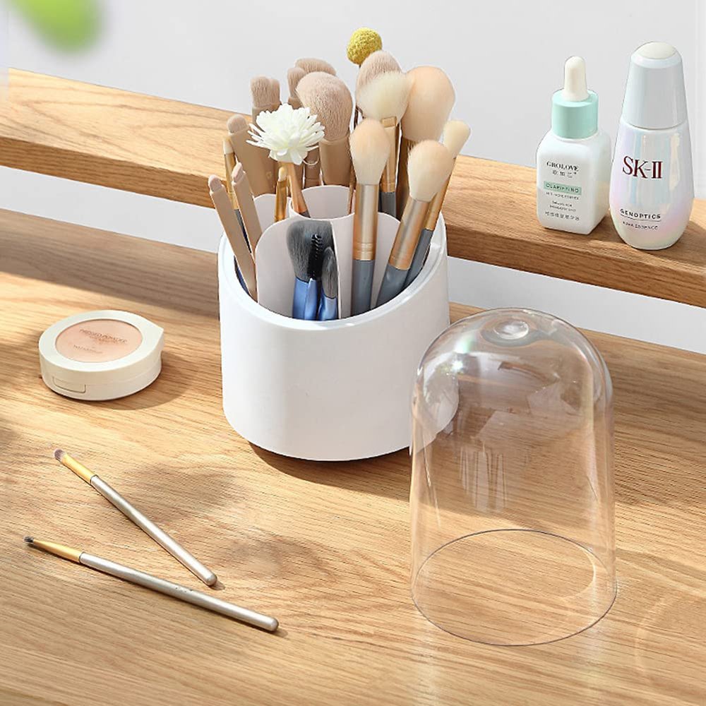 Adosio Makeup Brush Holder with Clear Lid Rotatable Pen Pencil Storage Box Cosmetic Eyebrow Eyeliner Desktop Organizer