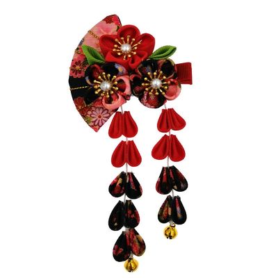 Japanese Style Women Flower Hair Clip Tassel Hair Ornament, Kimono Decor Fabric Hanfu Hairpin Accessories For Christmas Party Costume Gift (Black)
