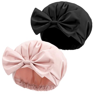 Large Shower Caps Pink Black Bowknot Bath Hair Caps Reusable Waterproof Turban Shower Hat Adjustable Bath Cap for Women Girl Beauty Hair Spa Bathing Home Travel, 2 Pack