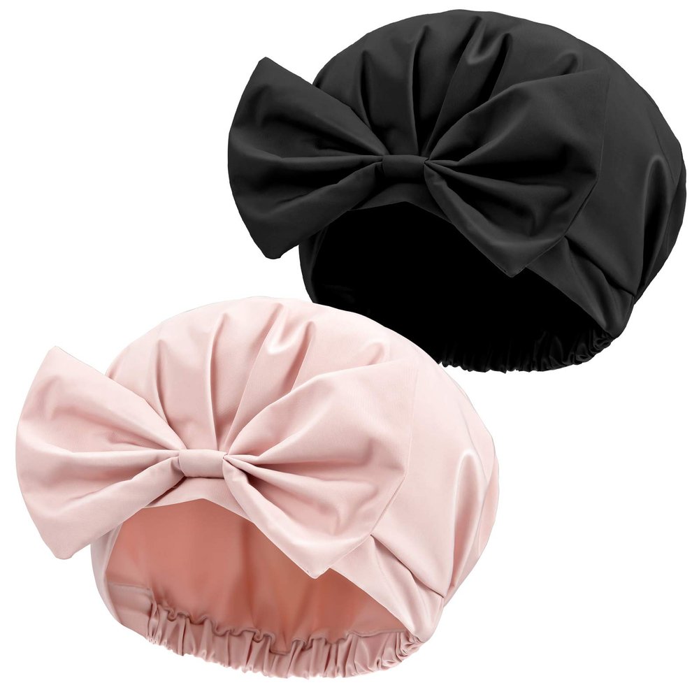 Large Shower Caps Pink Black Bowknot Bath Hair Caps Reusable Waterproof Turban Shower Hat Adjustable Bath Cap for Women Girl Beauty Hair Spa Bathing Home Travel, 2 Pack