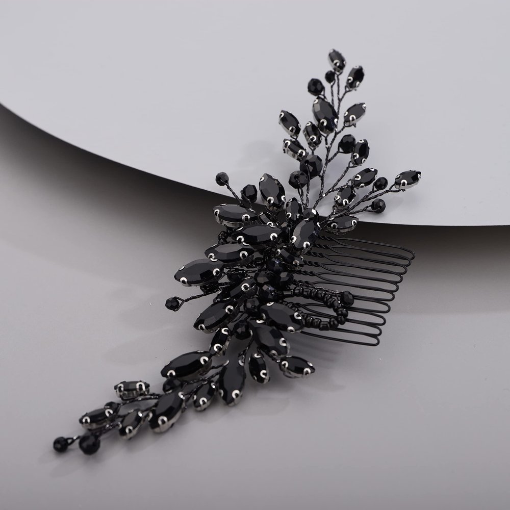 Chargances Bridal Black Crystal Hair Comb Gothic Black Wedding Hair Vine Side Comb Rhinestone Head Accessory Wedding Headpiece Prom Party Festival for Women