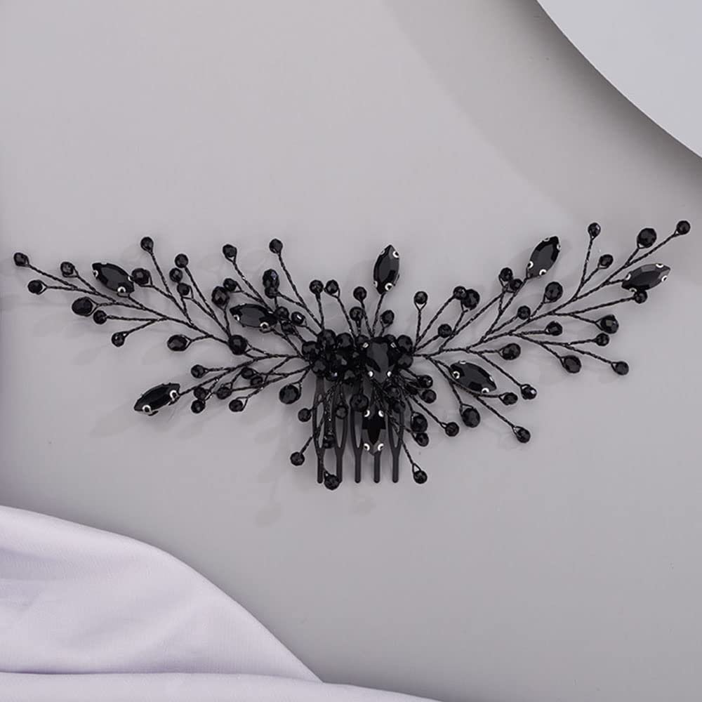 Chargances Bridal Black Crystal Hair Comb Gothic Black Wedding Hair Vine Side Comb Rhinestone Hair Accessory Wedding Headpiece Prom Party Festival for Women and Girls (Style 1)