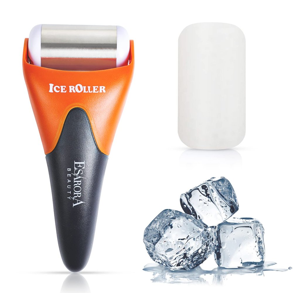 ESARORA Ice Roller for Face & Eye, Puffiness, Migraine, Pain Relief and Minor Injury, Skin Care Products - Black Orange (1 Plastic Roller & 1 Stainless Steel Roller)