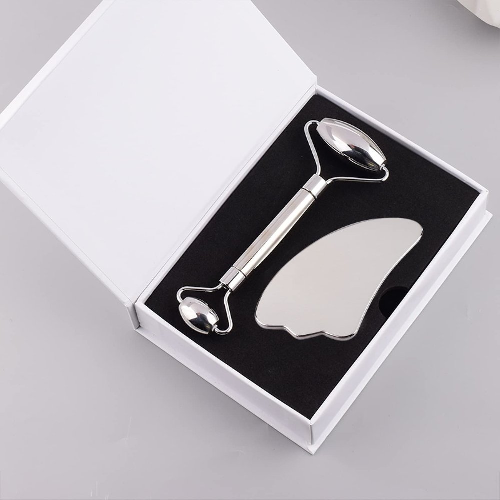 Stainless Steel Facial Roller Gua Sha Tool Set Massage Beauty Massager,2 Pcs Have Box