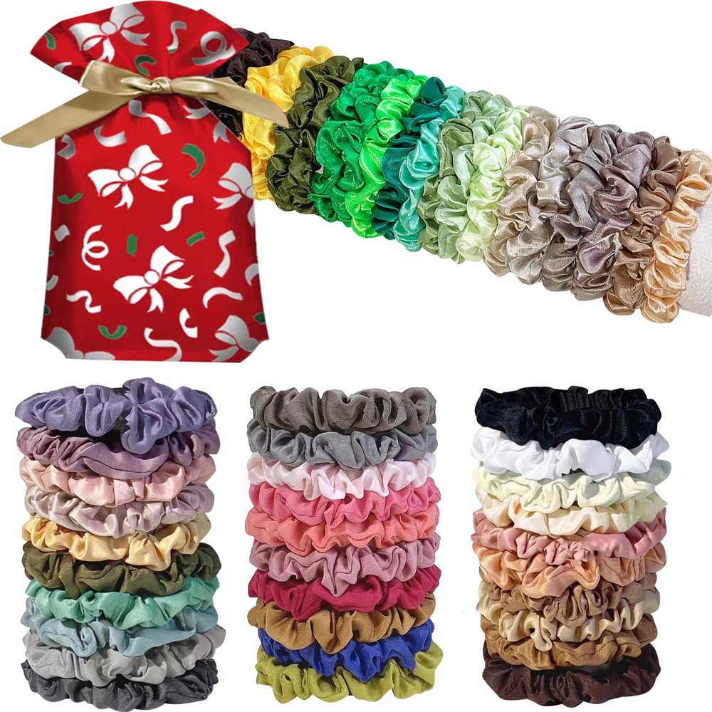 40PCS Satin Elastic Hair Scrunchies Seamless Ponytail Holders Variety Hair Ties Hair Bands Scrunchy Hair Ties For Thick and Curly (Gift Bag 40 Colors)