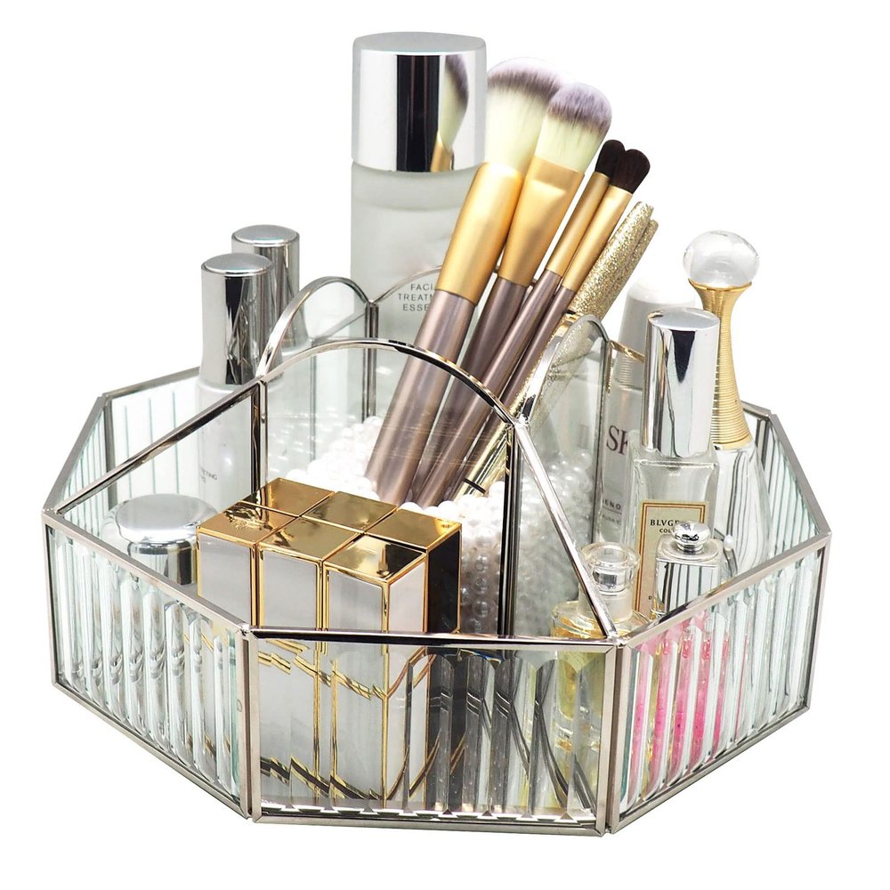 Lazy Susan Perfume Organizer 360 Degree Rotating Makeup Organizer Geometric Shape Perfume Display Decorative Tray for Makeup Brushes, Lipsticks, Prefume