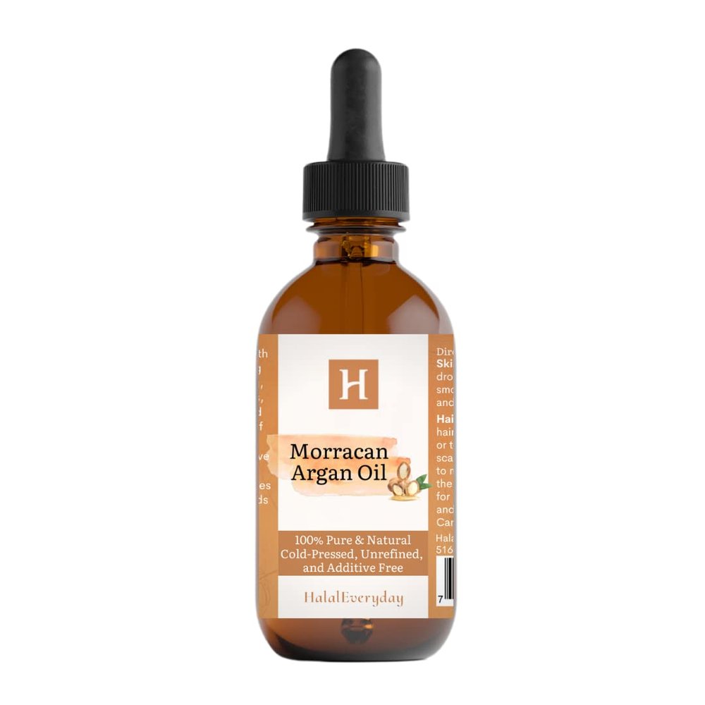 HalalEveryDay Moroccan Argan Oil 4oz Glass Bottle - 100% Pure oil Treatment - Cold Pressed Oil with Dropper