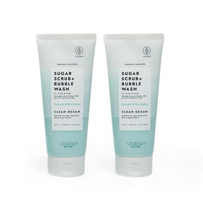 VOESH Sugar Scrub + Bubble Wash, Exfoliating Body Wash, Clean Ocean 2 Pack, Scalp Exfoliator, Scalp Care, Vegan Skin Care