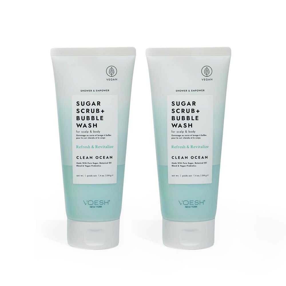 VOESH Sugar Scrub + Bubble Wash, Exfoliating Body Wash, Clean Ocean 2 Pack, Scalp Exfoliator, Scalp Care, Vegan Skin Care