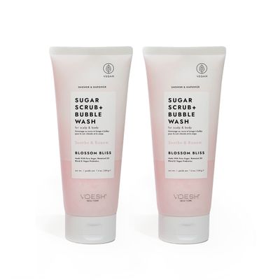 VOESH Sugar Scrub + Bubble Wash, Exfoliating Body Scrub & Body Wash, Blossom Bliss 2 Pack, Scalp Scrub, Scalp Care, Shower Sugar Scrub, Vegan Body Care