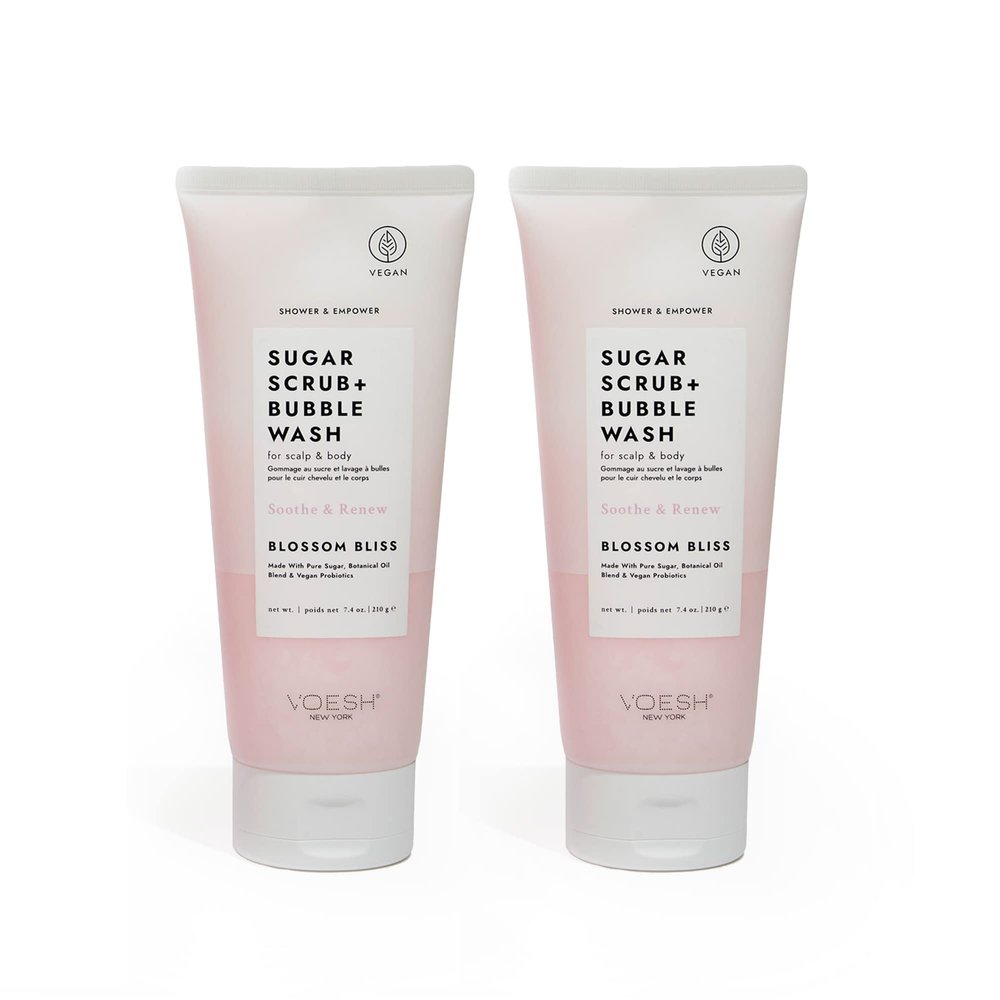 VOESH Sugar Scrub + Bubble Wash, Exfoliating Body Scrub & Body Wash, Blossom Bliss 2 Pack, Scalp Scrub, Scalp Care, Shower Sugar Scrub, Vegan Body Care