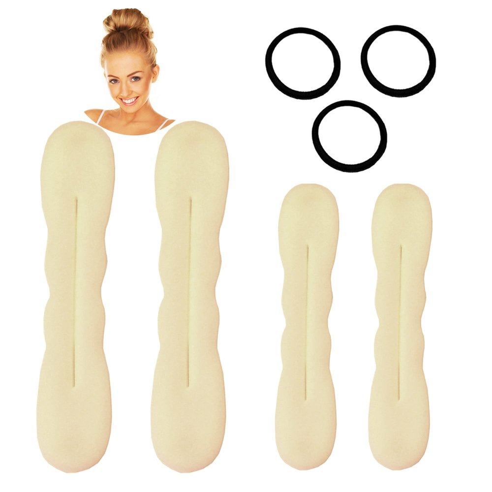 Styla Hair Blonde Magic Hair Bun Maker 4 Pack (2 Small, 2 Large) - Foam Sponge Buns with Hair Ties, Flexible Shaper Accessories for Updos, Ballet Buns, French Twists & More!