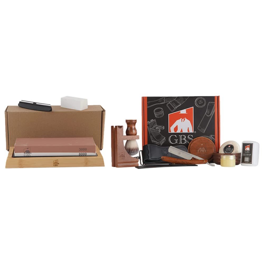 G.B.S Whetstone Knife Sharpening Stone 2 Sided Grit 3000/8000 Waterstone and Mens Wood Shaving Set - Razor 5/8' and Case, Razor Strop Brush Bowl and Soap Brush and Razor Stand Honing Paste Alum Block