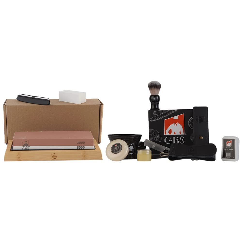 G.B.S Whetstone Knife Sharpening Stone 2 Sided Grit 3000/8000 Waterstone and Wood Straight Razor, Complete Beard, Shaving kit Box - Mug, Natural Soap, Brush, Alum Block, Strop, and Paste