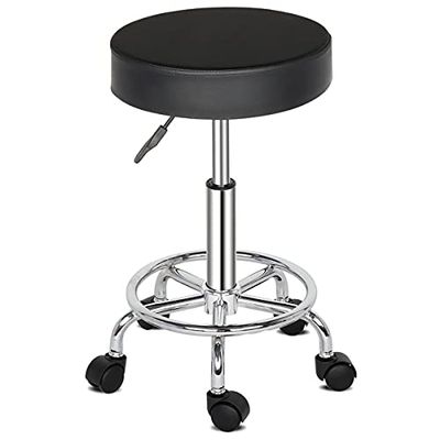 XIAOSENLIN PU Leather Round Rolling Stool with Foot Rest Swivel Height Adjustment for Spa Drafting Salon Tattoo Work Office Massage Stools Task Chair (Black2-Round)