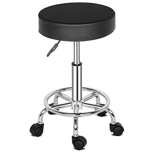 XIAOSENLIN PU Leather Round Rolling Stool with Foot Rest Swivel Height Adjustment for Spa Drafting Salon Tattoo Work Office Massage Stools Task Chair (Black2-Round)