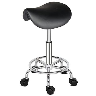XIAOSENLIN PU Leather Round Rolling Stool with Foot Rest Swivel Height Adjustment for Spa Drafting Salon Tattoo Work Office Massage Stools Task Chair (Black-Saddle)