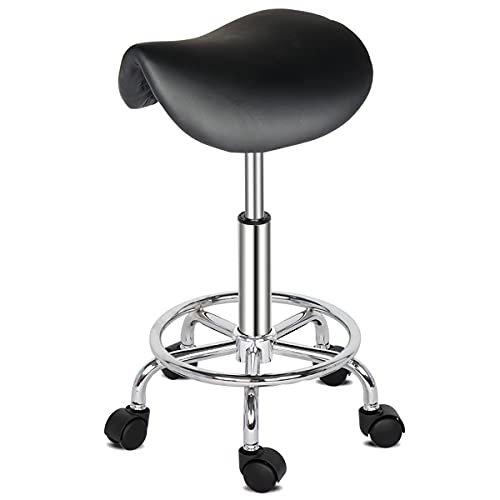 XIAOSENLIN PU Leather Round Rolling Stool with Foot Rest Swivel Height Adjustment for Spa Drafting Salon Tattoo Work Office Massage Stools Task Chair (Black-Saddle)