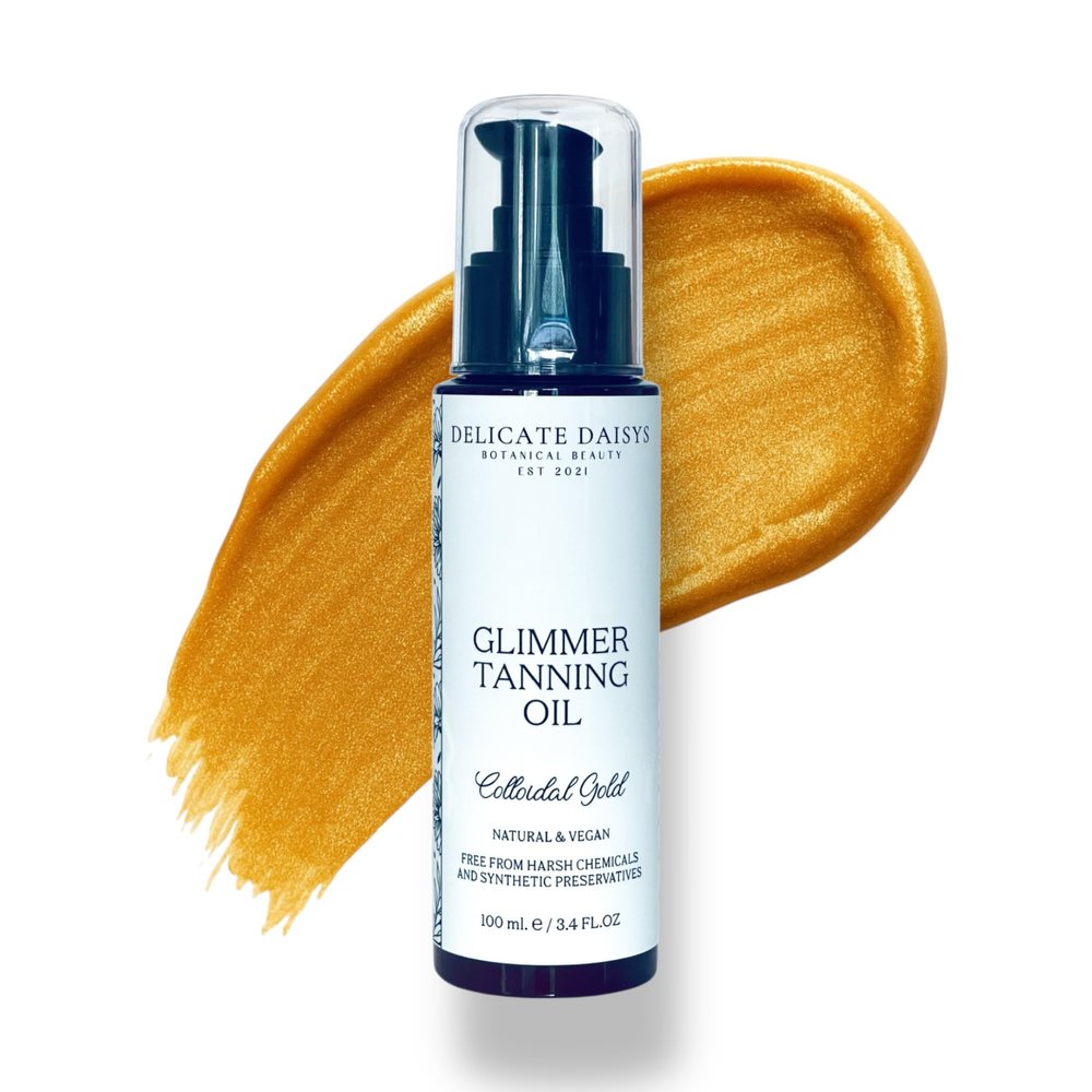 Glimmer Tanning Oil with Colloidal Gold  Vegan Bronzing Glow for Radiant Skin, 3.4 oz  Delicate Daisys Botanical Beauty