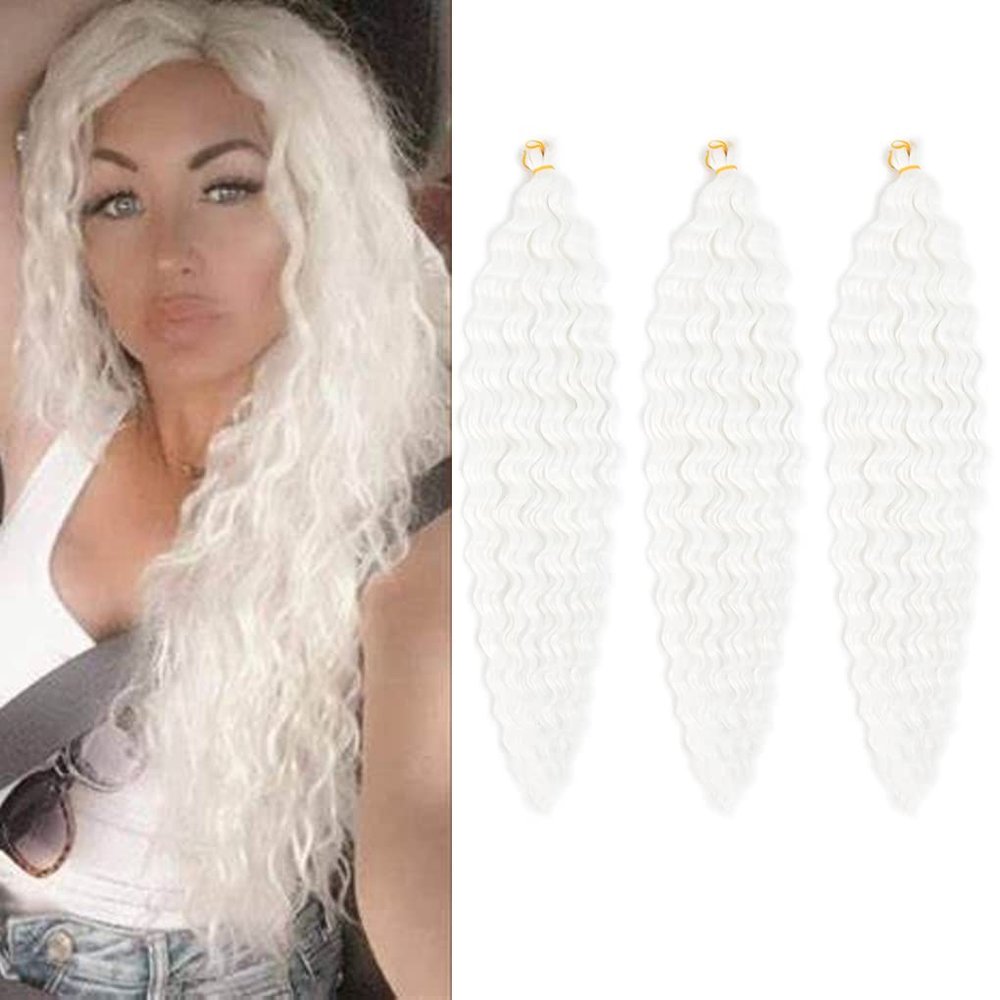 24inch Ocean Wave Braiding Hair Extensions 3packs Long Deep Curly Wave Braid Hair Synthetic Twist Ripple Crochet Curly Braids Hair for Women 100g/pack(24",White)