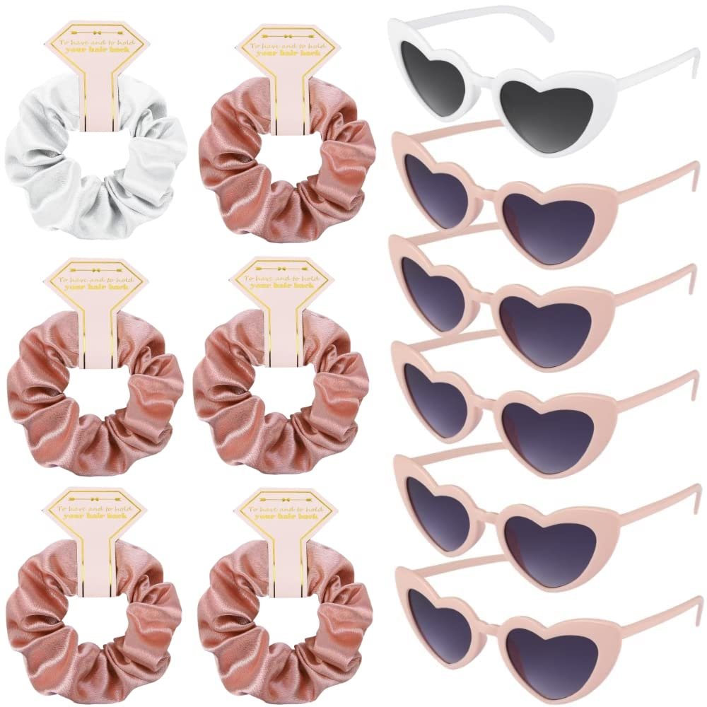 Loanzeg Satin Bridesmaid Scrunchies Bachelorette Hair Ties Set of 6 sunglasses Bridal Shower No Damage Hairties ideas Gift for Wedding Party Favors Bridesmaid Proposal Gifts (White&Rose gold)
