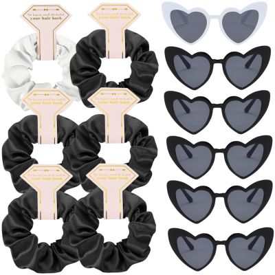 Loanzeg Satin Bridesmaid Scrunchies Bachelorette Hair Ties Set of 6 sunglasses Bridal Shower No Damage Hairties ideas Gift for Wedding Party Favors Bridesmaid Proposal Gifts (White&Black)