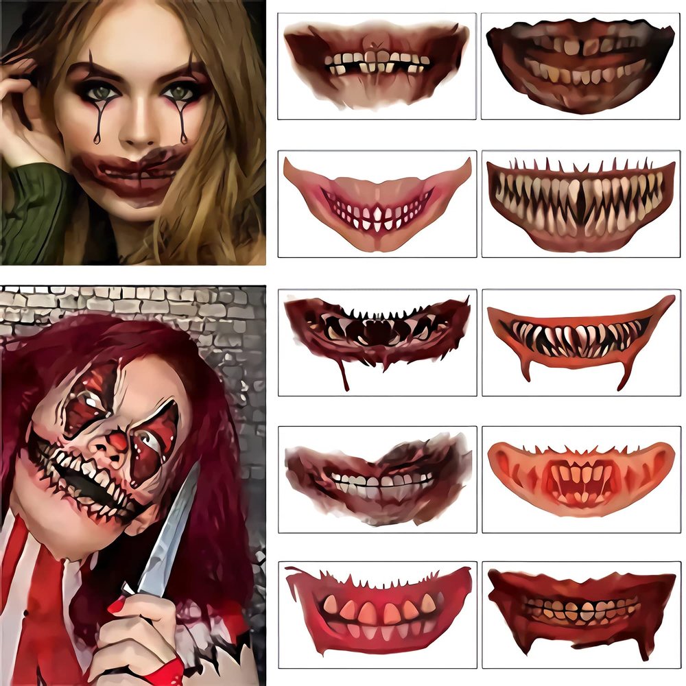 10 Sheets Halloween Tattoo Stickers,Scary Mouth Tattoo Stickers,Halloween Prank Makeup Temporary Tattoo Halloween Clown Horror Face Tattoo Sticker Decals Prank Props for Halloween Cosplay Party