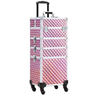 Topeakmart 4 in 1 Professional Makeup Rolling Case, Large Aluminum Cosmetic Train Case, Makeup Tavel Case Travel Beauty Organizer - Glitter Pink - with Removeable Wheels