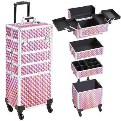 Yaheetech 4 in 1 Professional Makeup Train Case/Rolling Cosmetic Trolley/Makeup Case Organizer/Makeup Travel Case with 4 Detachable Swivel Wheels, Glitter Pink