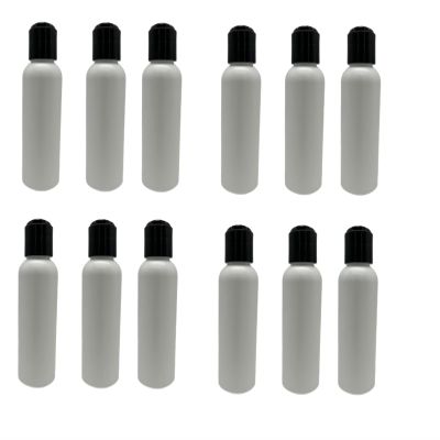 Natural Farms 4 oz White Cosmo Plastic Bottles -12 Pack Empty Bottle Refillable - BPA Free - Essential Oils - Aromatherapy | Black Press Down Disc Cap - Made in the USA