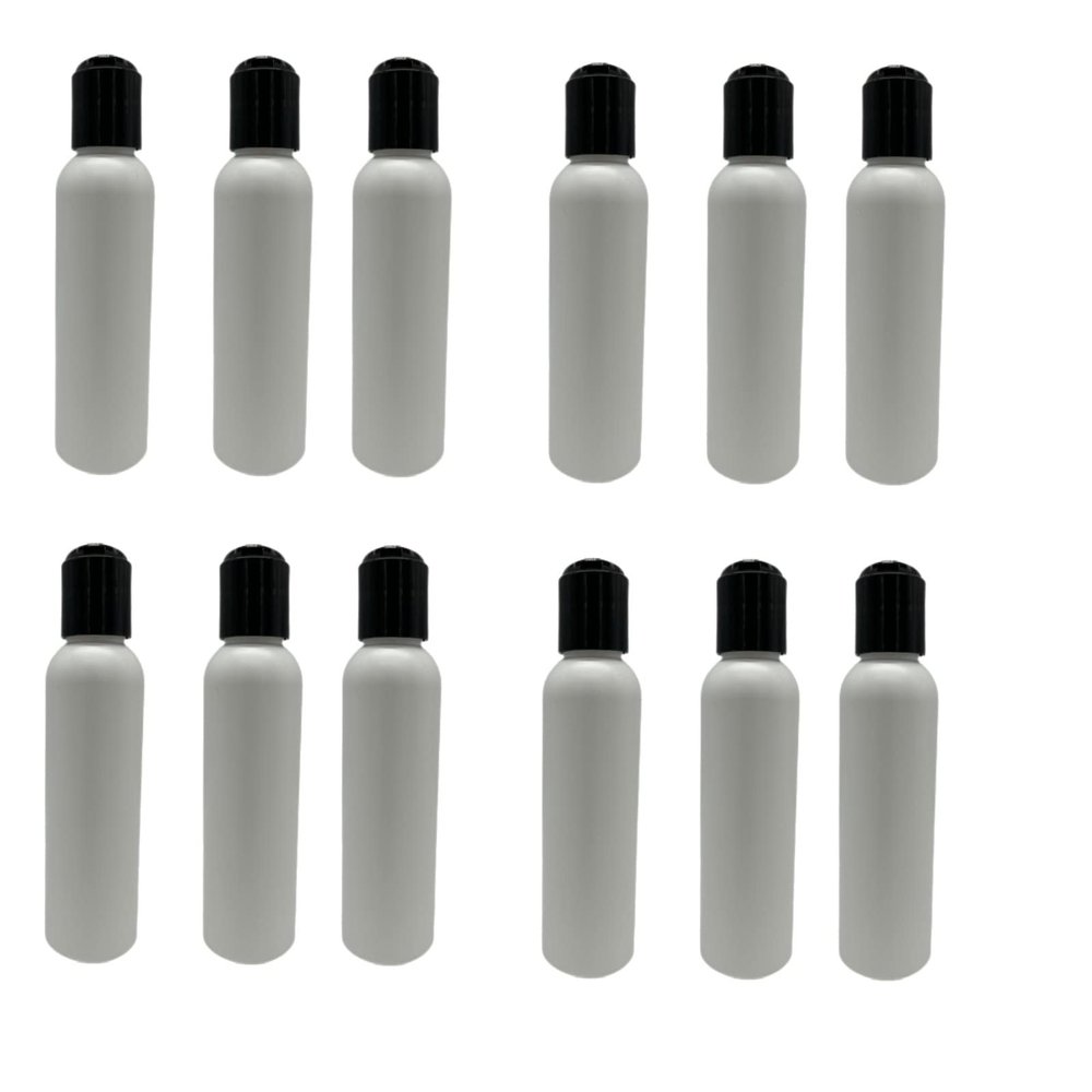 Natural Farms 4 oz White Cosmo Plastic Bottles -12 Pack Empty Bottle Refillable - BPA Free - Essential Oils - Aromatherapy | Black Press Down Disc Cap - Made in the USA