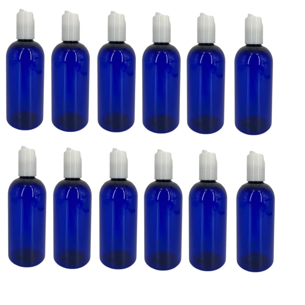 Natural Farms 4 oz Blue Boston Plastic Bottles -12 Pack Empty Bottle Refillable - BPA Free - Essential Oils - Aromatherapy | White Press Down Disc Cap - Made in the USA