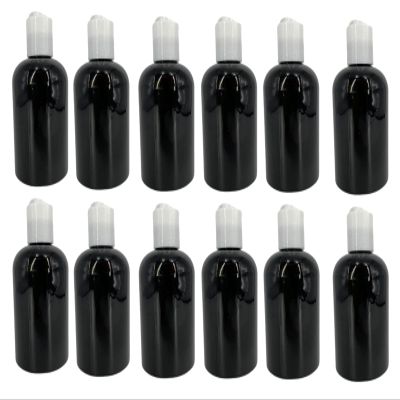 Natural Farms 4 oz Black Boston Plastic Bottles -12 Pack Empty Bottle Refillable - BPA Free - Essential Oils - Aromatherapy | White Press Down Disc Cap - Made in the USA