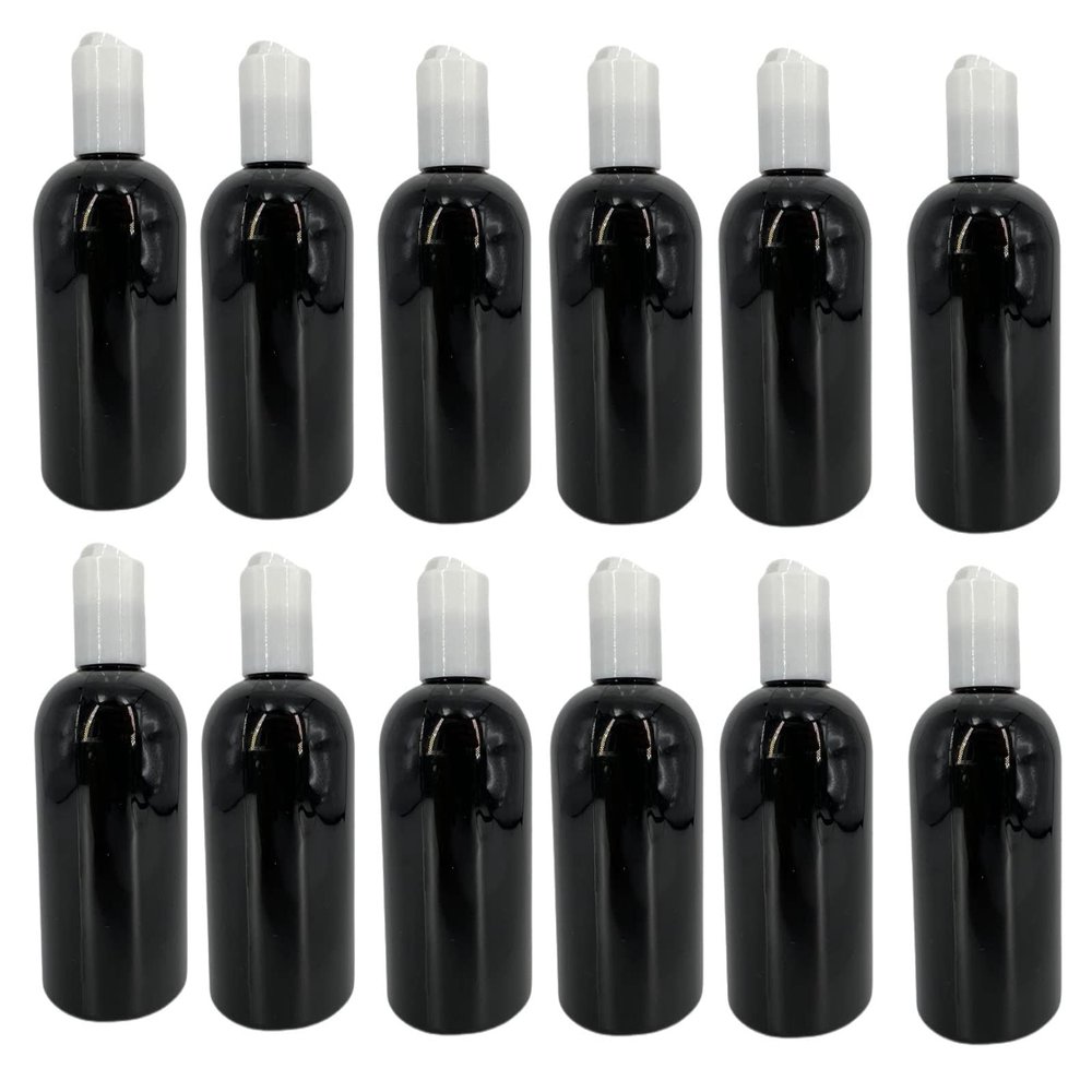 Natural Farms 4 oz Black Boston Plastic Bottles -12 Pack Empty Bottle Refillable - BPA Free - Essential Oils - Aromatherapy | White Press Down Disc Cap - Made in the USA