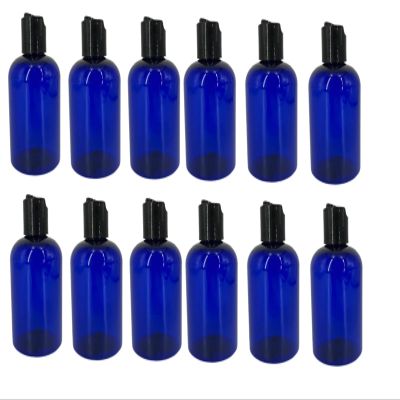 Natural Farms 4 oz Blue Boston Plastic Bottles -12 Pack Empty Bottle Refillable - BPA Free - Essential Oils - Aromatherapy | Black Press Down Disc Cap - Made in the USA