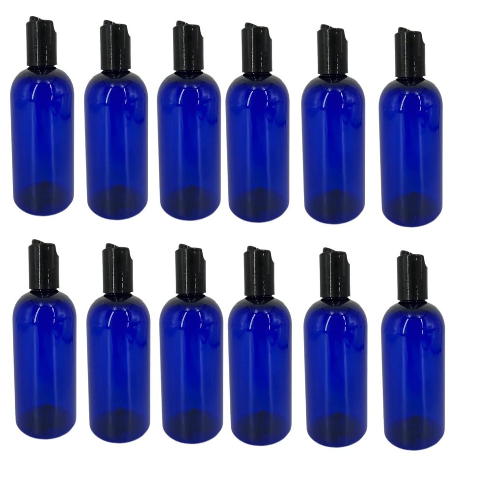 Natural Farms 4 oz Blue Boston Plastic Bottles -12 Pack Empty Bottle Refillable - BPA Free - Essential Oils - Aromatherapy | Black Press Down Disc Cap - Made in the USA