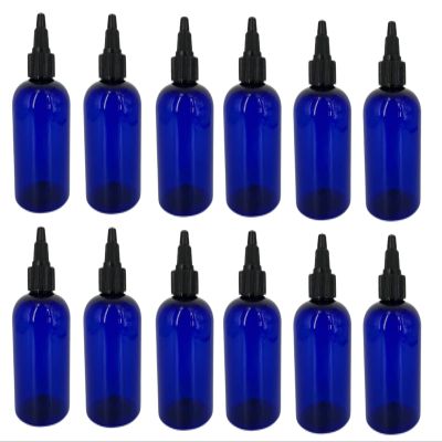 Natural Farms 4 oz Blue Boston Plastic Bottles -12 Pack Empty Bottle Refillable - BPA Free - Essential Oils - Aromatherapy | Black Twist Top Cap - Made in the USA