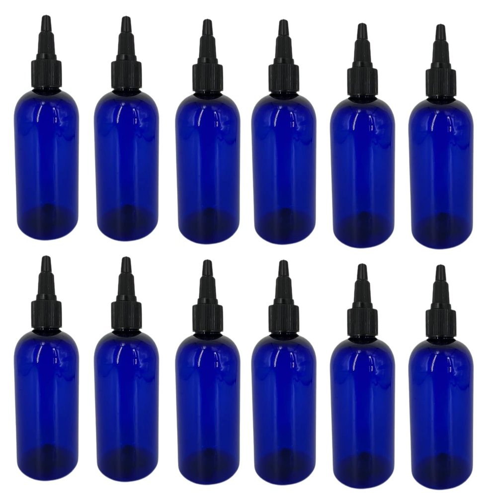 Natural Farms 4 oz Blue Boston Plastic Bottles -12 Pack Empty Bottle Refillable - BPA Free - Essential Oils - Aromatherapy | Black Twist Top Cap - Made in the USA