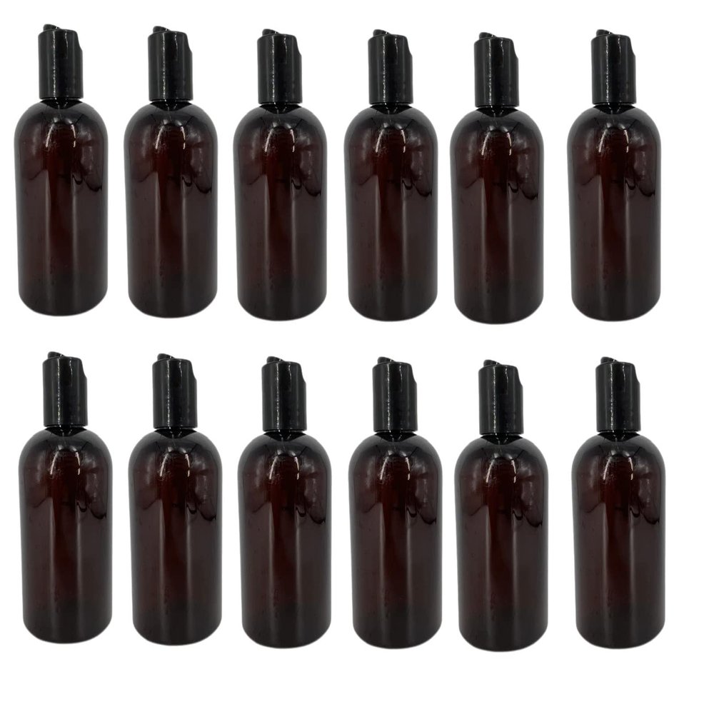 Natural Farms 4 oz Amber Boston Plastic Bottles -12 Pack Empty Bottle Refillable - BPA Free - Essential Oils - Aromatherapy | Black Press Down Disc Cap - Made in the USA