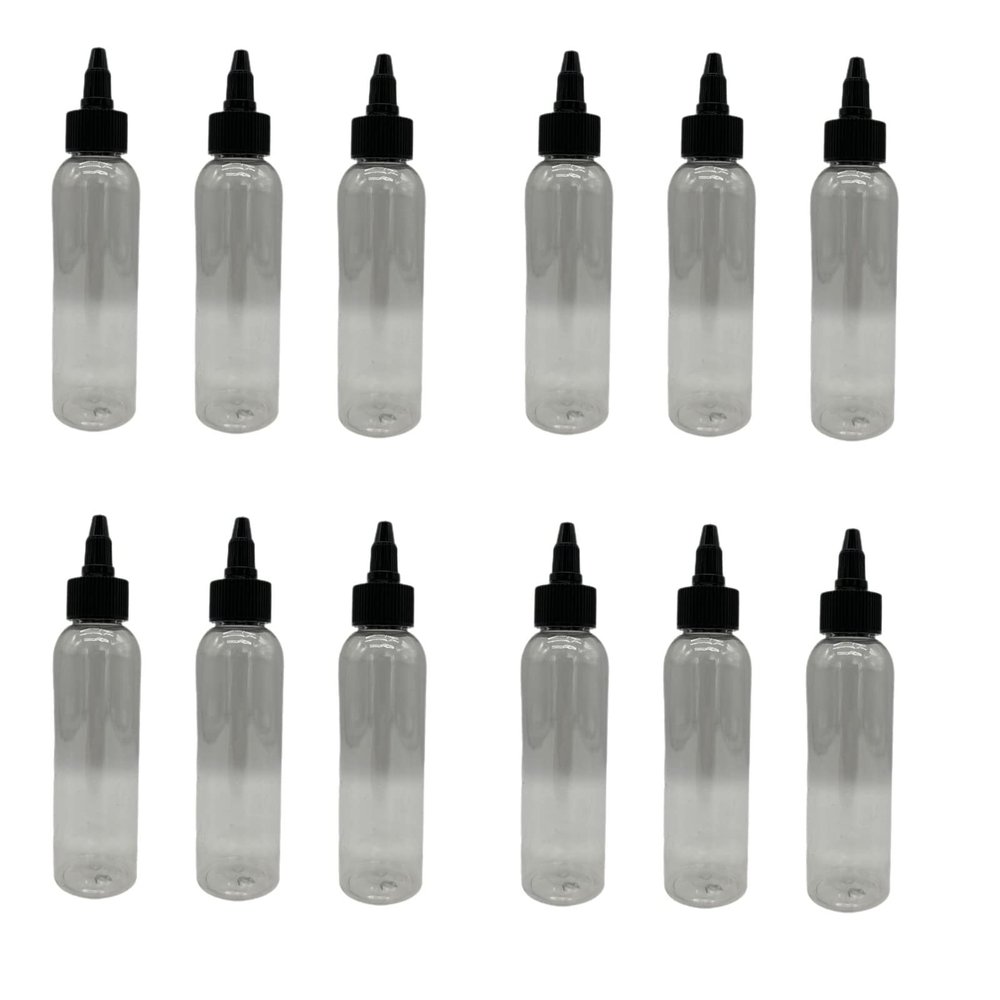 Natural Farms 4 oz Clear Cosmo Plastic Bottles -12 Pack Empty Bottle Refillable - BPA Free - Essential Oils - Aromatherapy | Black Twist Top Cap - Made in the USA