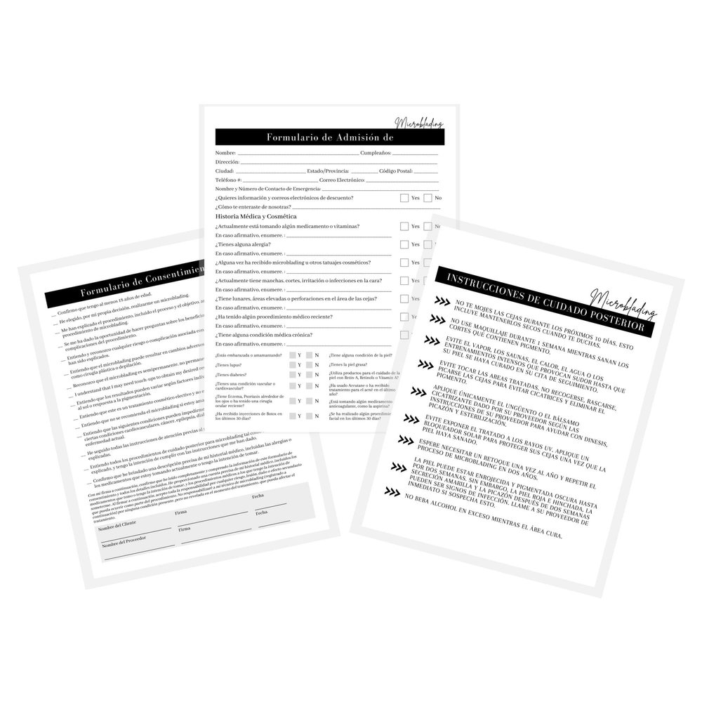 Spanish Microblading Intake, Consent, and Aftercare Form | 75 Pack | 8.5 x 11" A1 Forms | Clients Signature | Consent Forms for Microblading | Clients Signature | Minimalist Design