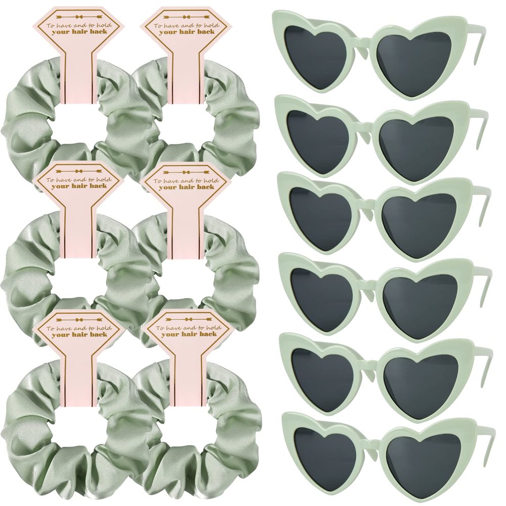 Loanzeg Satin Bridesmaid Scrunchies Bachelorette Hair Ties Set of 6 sunglasses Bridal Shower No Damage Hairties ideas Gift for Wedding Party Favors Bridesmaid Proposal Gifts (Sage Green)
