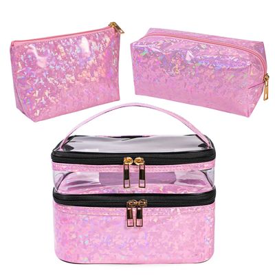 3 Pieces Makeup Bags Double Layer Travel Large Holographic Cosmetic Cases Organizer Toiletry Bags Waterproof Small Zipper Pouch for Women Makeup Brush Storage Bag,Light Pink