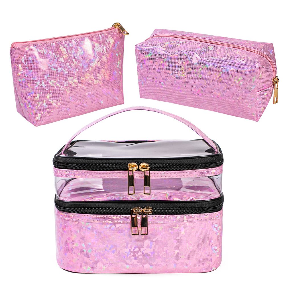 3 Pieces Makeup Bags Double Layer Travel Large Holographic Cosmetic Cases Organizer Toiletry Bags Waterproof Small Zipper Pouch for Women Makeup Brush Storage Bag,Light Pink